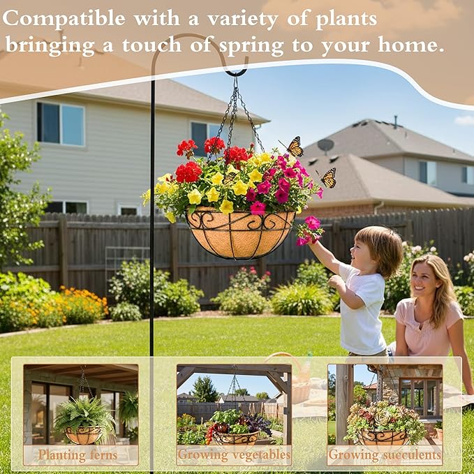 4 Pack 12" Round Metal Hanging Basket for Outdoor Plants Durable Large Hanging Planter with Coco Coir Round Plant Holders Planter for Outside Garden Decoration (Flower Border)