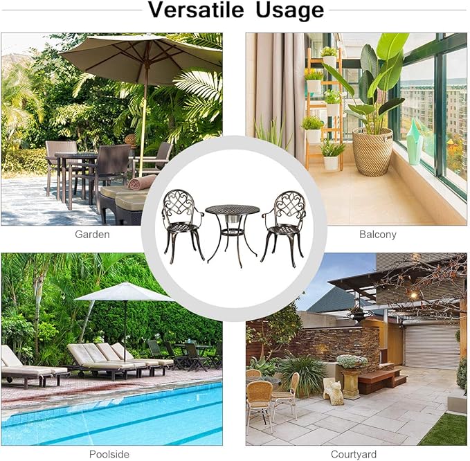 Giantex 3pcs Bistro Table Set Cast Aluminum Outdoor Patio Furniture Set Round Table W/Removable Ice Bucket, 2 Chairs Antique Garden Furniture Weather Resistant (Antique Bronze)