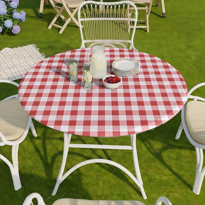 Fitted Round Tablecloth Non Slip Table Cloth Vinyl Inside Outside Circle Cover for 36-44" Tables Dining Kitchen Family Festival Kit Gifts Summer Fall Patio Picnic Glamping Vacation Equipment