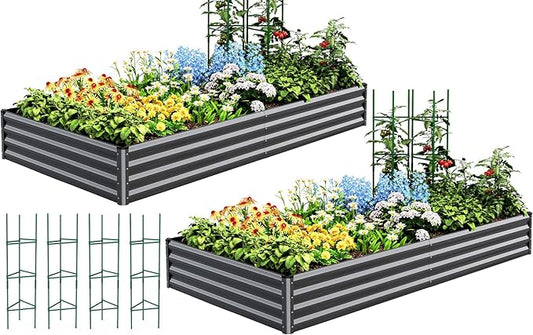 Quictent Galvanized Raised Garden Bed 8x4x1 Ft Metal Planter Box for Vegetables Bottomless for Backyard, 2 Tomato Cages Included, Dark Grey, 2PCS