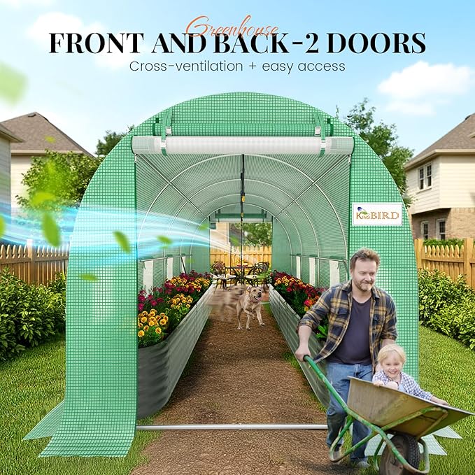KING BIRD Premium 15x7x7 FT Greenhouse for Outdoors, Large Walk-in Heavy Duty Galvanized Steel Frame, Mesh Door Screen Window Tunnel Hoop Garden Plant Winter Hot House with Irrigation Kit, Green