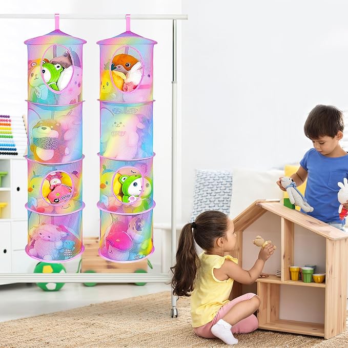 Basumee Hanging Stuffed Animals Storage, 2 Pack Mesh Plush Storage, 4-Tier