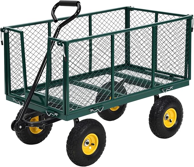 Heavy Duty Steel Garden Cart, 1100 LBS Pullable Metal Garden Wagon with 10 in Wheels, 180° Rotating Handle and Removable Sides for Outdoor, Farm, Yard, Beach ﻿