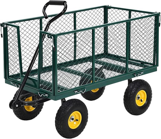 Heavy Duty Steel Garden Cart, 1100 LBS Pullable Metal Garden Wagon with 10 in Wheels, 180° Rotating Handle and Removable Sides for Outdoor, Farm, Yard, Beach ﻿