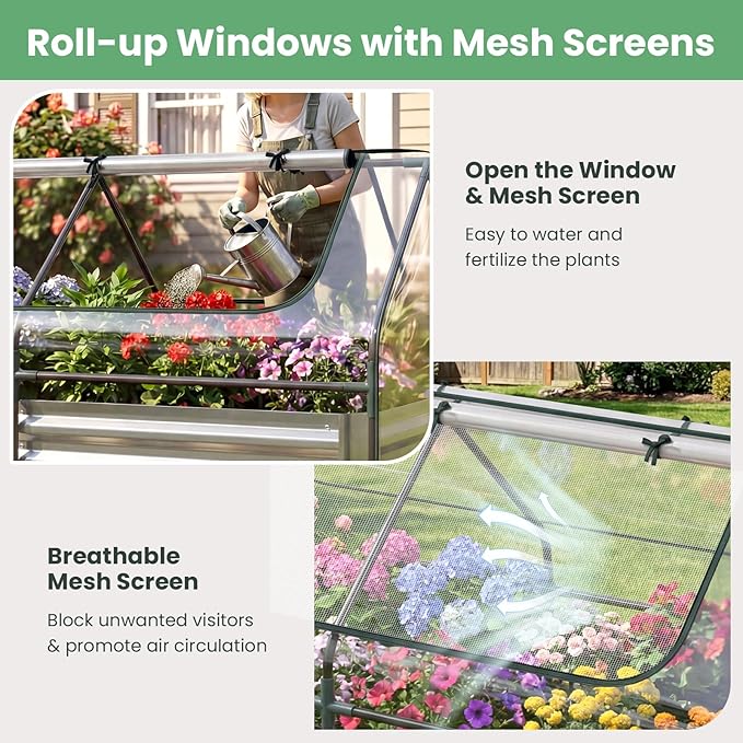 HAPPYGRILL Raised Garden Bed with Cover, Galvanized Planter Boxes Outdoor w/Mini Greenhouse, 2 Roll-up Windows & Open-Ended Base, Metal Growing Raised Bed for Vegetables (Silver, 71” x 36” x 48”)