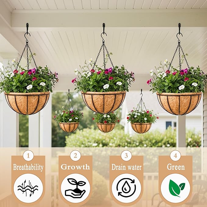 2 Pack 12" Round Metal Hanging Basket for Outdoor Plants Durable Large Hanging Planter with Coco Coir Round Plant Holders Planter for Outside Garden Decoration(Watermelon)