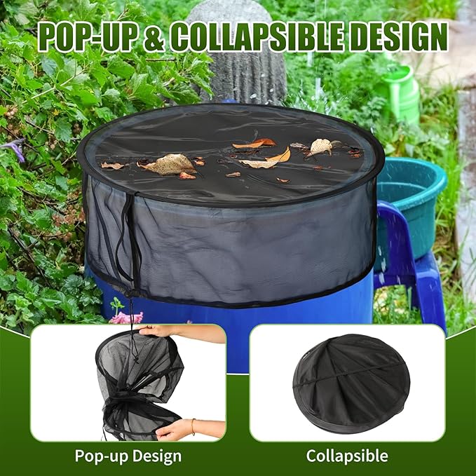3PCS Pop Up Mesh Cover for Rain Barrels, Water Rain Barrel Netting with Drawstring Water Collection Buckets Tank Protector Cover Net for Preventing Fallen Leaves and Debris, 24.8 Inch