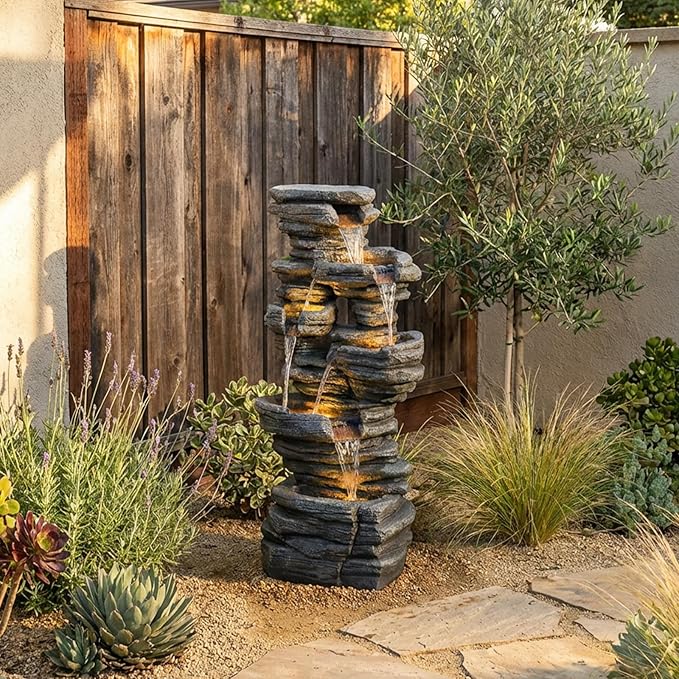Bumilgar 42.5" H Garden Outdoor Water Fountain with LED Lights & Pump, Mutiply-Tier Cascading Outdoor Fountain Suitable for Garden/Patio/Yard/Deck/Balcony and Home Art Decor（Resin）