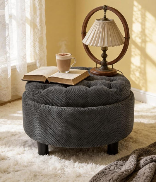 Round Ottoman with Storage, Modern Upholstered Storage Ottoman Coffee Table with Removable Lid Top Tray and Solid Wood Legs for Living Room, Bedroom, Dorm, 25 Inch