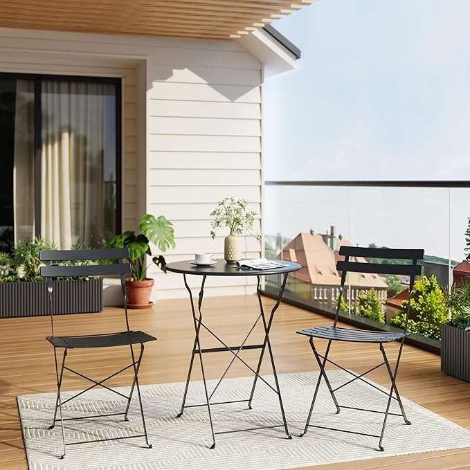 3-Piece Folding Bistro Set, Outdoor Patio Furniture Set with 2 Chairs & 1 Table, Space-Saving Foldable Balcony Garden Set with Heavy-Duty Powder-Coated Steel Frame, No Assembly Required, Black