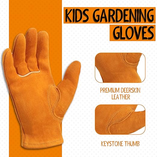 HANDLANDY 2 Pairs Kids Genuine Leather Gardening Gloves for age 2-9, Children Work Gloves for Boys, Girls, Toddlers (Orange, S)