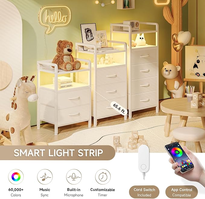 Lazzanto Nightstand with Rear Charging Station, LED Light, 3 Drawers, White