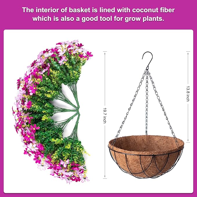 INXUGAO Artificial Flowers with Hanging Planter for Outdoor Decor, Faux Silk Daisy UV Resistant Plants in Basket for Indoor Porch Garden Yard Spring Summer Decor(Violet)