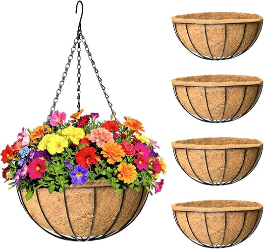4 Pack 12 inch Hanging Baskets Planter for Plants Vegetables Flowers Outdoor Black Round Wire Plant Holder with Coco Fiber Liners Garden Balcony Patio Deck Porch Indoor Hanging Baskets