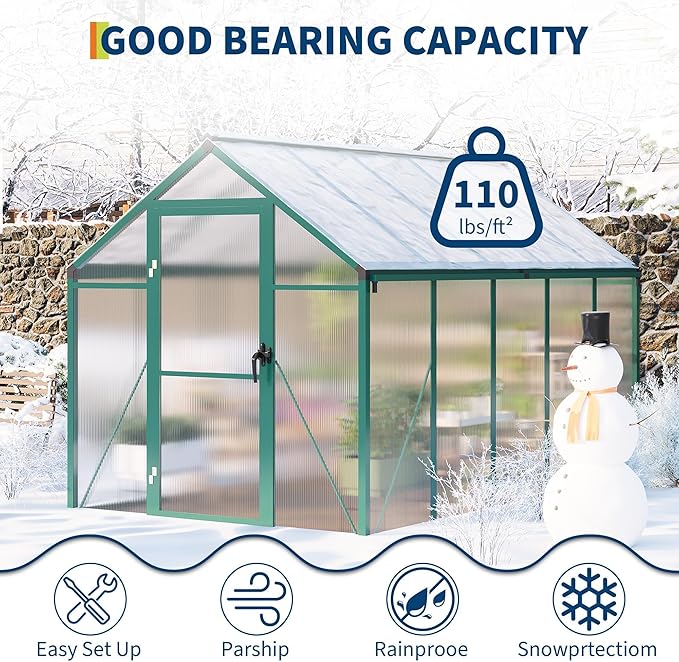 6x10 FT Greenhouse for Outdoors, Polycarbonate Greenhouse with Roof Vent, Ground Nails, Lockable Push Door, Aluminum Large Walk-in Green House for Outside Garden Backyard, Patio, Lawn, Green