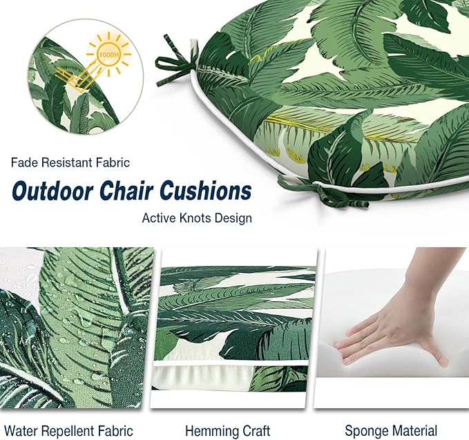 Outdoor Chair Cushions Set of 4, Water Resistant Patio Chair Pads with Ties, Seat Cushions for Home Garden Furniture Decoration, 16"x17", Swaying Palms Green
