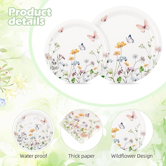 175 Pcs Wildflower Paper Plates and Napkins 25 Guests Spring Summer Floral Arrangements Tableware Party Supplies Set for Mothers Day Baby Shower Wedding Birthday Garden Tea Party