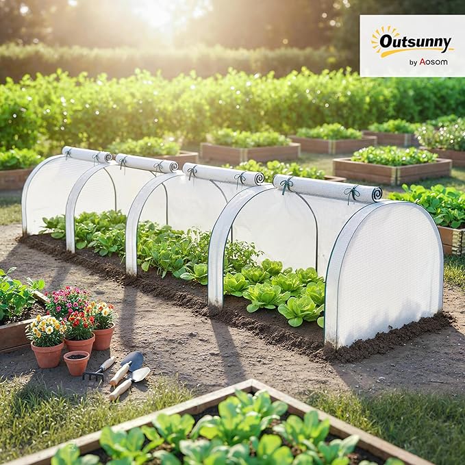 Outsunny Mini Greenhouse, 177.2" x 39.4" x 31.5" Portable Greenhouse with 4 Roll-Up Doors, PE Cover, Small Green House for Indoor Outdoor, White