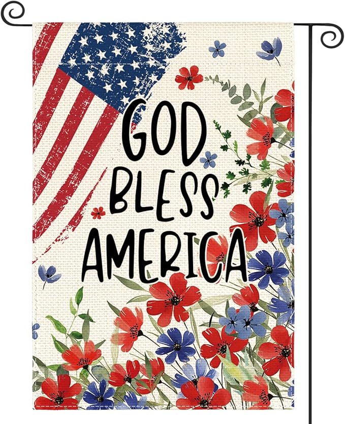 AVOIN colorlife 4th of July Patriotic Memorial Day Garden Flag 12x18 Inch Double Sided Outside, American Stars and Stripes God Bless America Floral Yard Outdoor Decoration