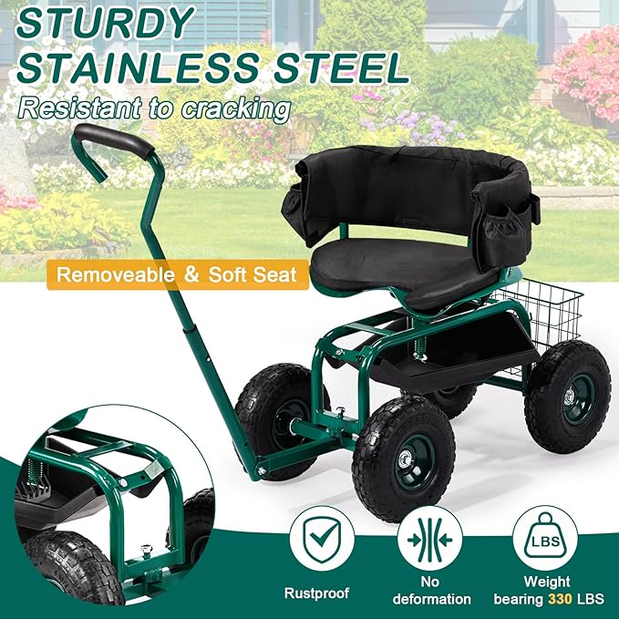 VINGLI Garden Cart with Soft Rolling Seat, Wheels, Adjustable Steering Handle & Utility Tool Tray, Planting Wagon Scooter, Gardening Tool for Senior, for Patio, Backyard, Lawn & Outdoor, Green