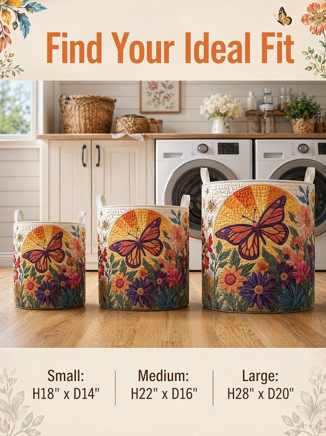 Quilted Laundry Basket with Handles, Boho Floral Quilted Storage Hamper, Large Capacity Laundry Hamper for Nursery Bedroom Laundry Room Home Decor (Pattern 09, Small (18"H x 14"W x 14"L))