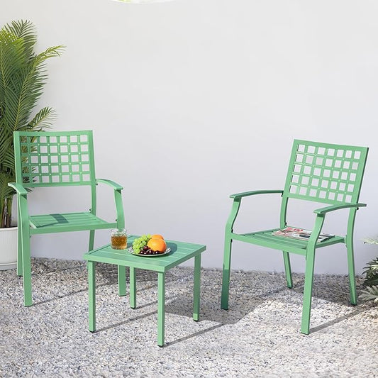 NUU GARDEN 3 Piece Outdoor Bistro Set, All-Weather Patio Furniture with 2 Metal Stackable Chairs and Square Table, for Balcony, Porch, Garden, Deck, Green