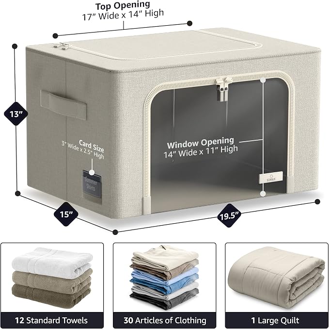 Sorbus Clothing Storage Bins with Clear Window, Metal Frame (2 Pack, Beige) | Oxford-fabric containers with carry handles stack neatly to organize bedding and linens in closets and laundry rooms.