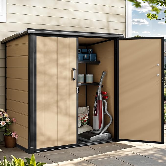 DWVO Outdoor Storage Shed 54 cuft with 2 Shelves, 4.2x2.6x5ft Vertical Tool Shed with Floor & Lockable Doors, Sturdy Double-Wall Plastic Cabinet for Garbage Cans and Garden Storage, Brown