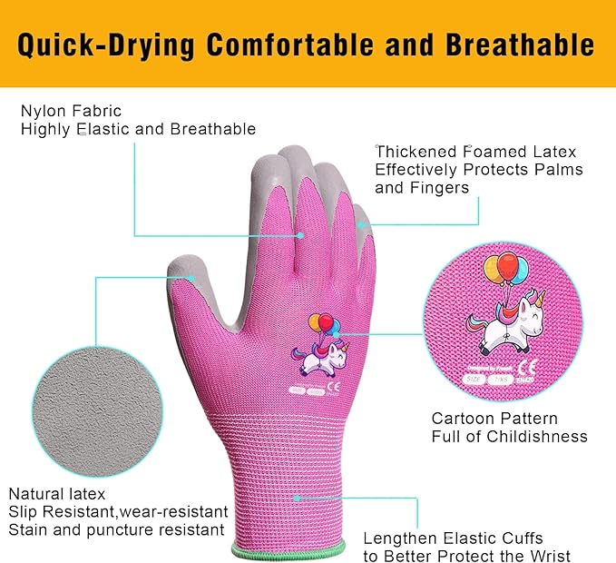KDK Ages 3-5 Kids Gardening Gloves,Yard Work Gloves for Toddlers, Youth, Girls, Boys, Childrens, Soft Safety Rubber Glove (6 Pairs Green, Blue&Pink, XXXS Age 3-5)