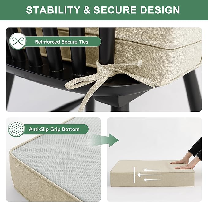 Summsun Patio Chair Cushions Set of 2, Faux Linen Outdoor Furniture Cushions, Water Resistant Backrest and Deep Seat Cushion Set with Straps, Removable Cover, Non-Slip Bottom, 22 x 22 Inch, Beige