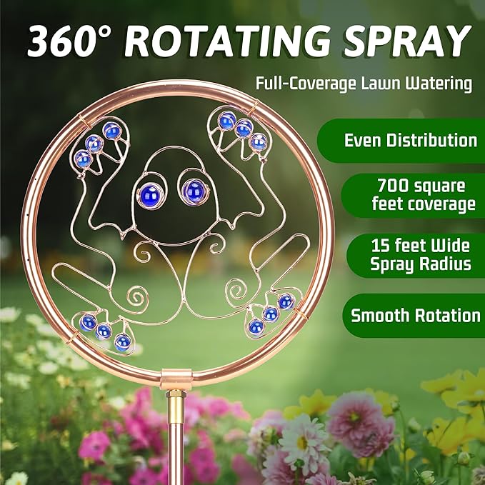 34" Tall Copper-Coated Stainless Steel Garden Sprinkler, 360° Rotating Decorative Ornamental Sprinkler for Lawn, Yard & Landscape Watering (Frog)