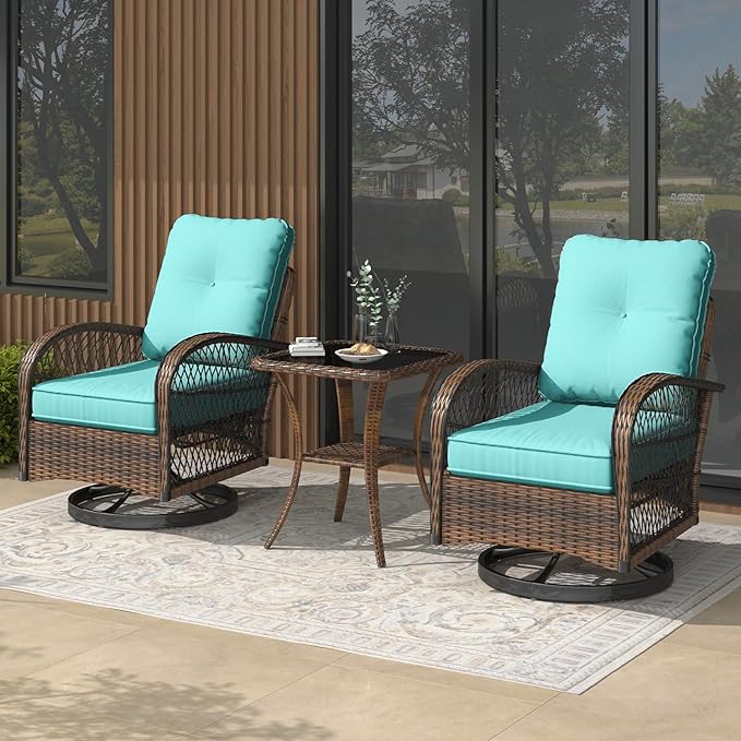 MELLCOM 3 Pieces Patio Furniture Set, Outdoor Swivel Rocker Patio Chairs, Wicker Patio Bistro Set with Rocking Chair, Thickened Cushions and Glass Coffee Table for Backyard, Garden, Blue