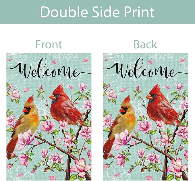 Cardinal Bird Welcome Spring Garden Flag, 28x40 Vertical Double Sided Burlap Tree Flower Spring Flag for Outside Farmhouse Yard Decorations