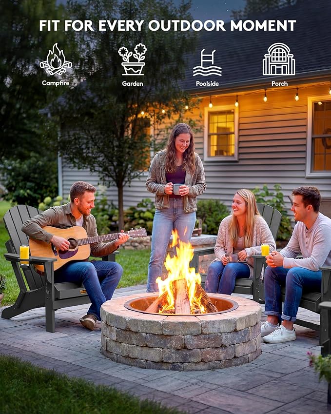 SERWALL Folding Adirondack Chair with Cup Holder Set of 6, Weather Resistant HIPS Lawn Chairs, Wooden Textured, Fire Pit Chairs for Backyard, Garden, Fire Pit- Gray