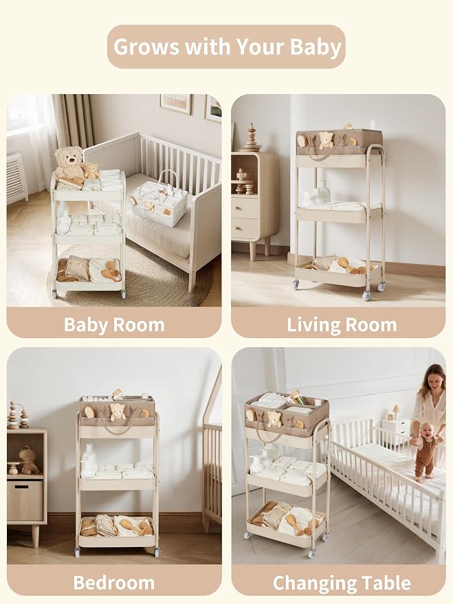 Fortella Baby Diaper Caddy, 3 Tier Rolling Cart for Baby Essentials, Taupe