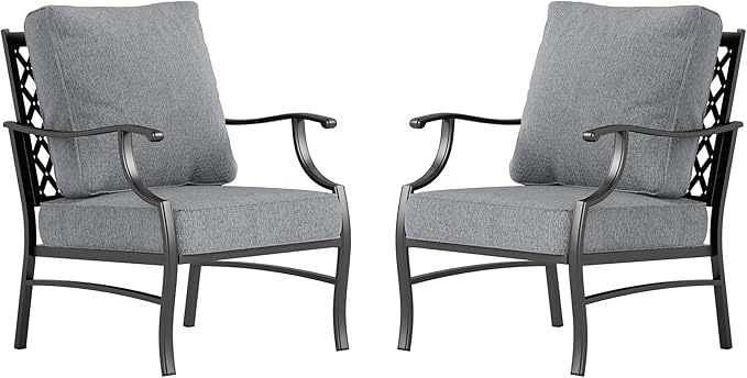 SUNSHINE VALLEY Metal Patio Chairs Set of 2 with 5.75" Extra Thick Cushion, 2 Pieces High Back Outdoor Patio Chairs All Weather Outdoor Furniture Seating for Deck Backyard Balcony Front Porch, Gray