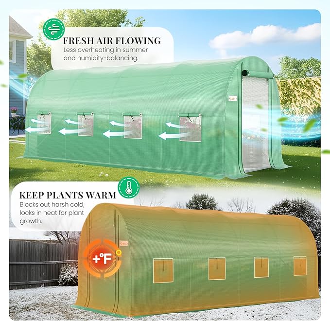 KING BIRD Premium 15x7x7 FT Greenhouse for Outdoors, Large Walk-in Heavy Duty Galvanized Steel Frame, Mesh Door Screen Window Tunnel Hoop Garden Plant Winter Hot House with Irrigation Kit, Green