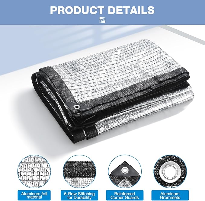 85% 10x14 FT Aluminet Shade Cloth with Grommets 6/8/10/12/20/ FT Aluminum Reflective Tarp Sun Heat Reflective Blocking Sun for Cars Garden Patio Kennel Outdoor Cover