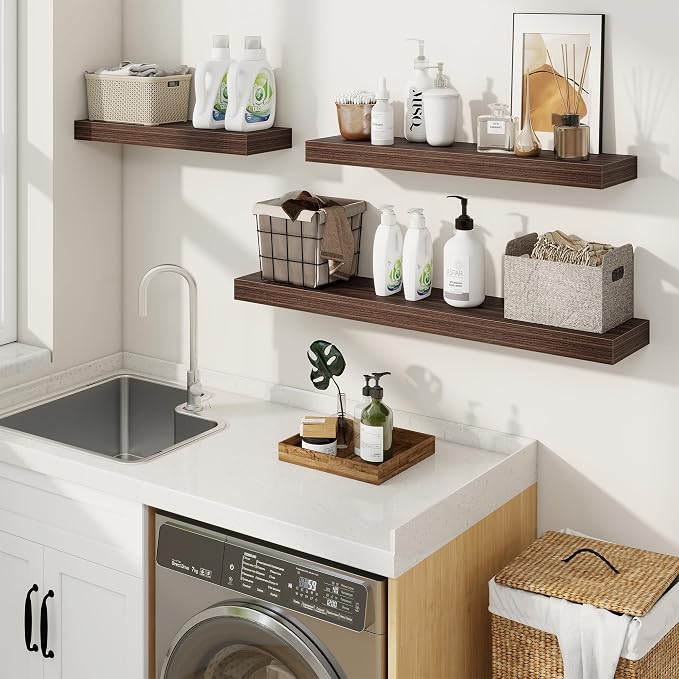 Floating Shelves for Wall, Wall Mounted Wood Shelves, Walnut, Set of 2, 48” | Wood Floating Shelf with Invisible Brackets for Living Room, Bathroom, Bedroom, Kitchen, Hanging Shelf for Storage and Decor