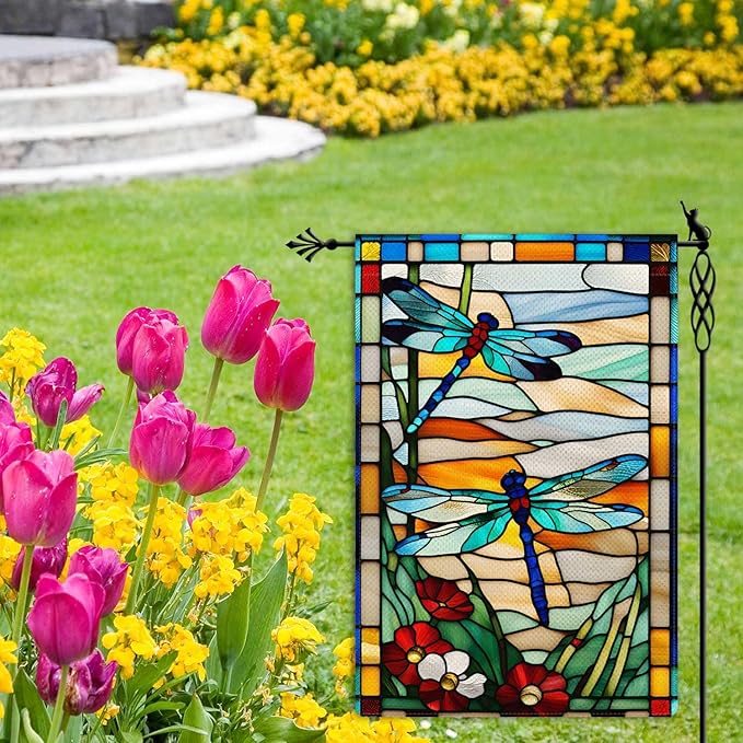 Spring Summer Dragonfly Garden Flag Glass Style Flowers Garden Flag Vertical Double Sided Rustic Farmland Burlap Yard Lawn Outdoor Decor 12.5x18"