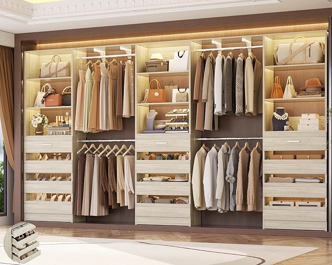 Aheaplus Closet System Set of 3, 138.5" Wood Closet Organizer System Tower with 12 Drawers & 4 Hanging Rods, 6.7+4.85Ft L Shaped Walk-in Closets Wardrobe Organizer Garment Rack with Shelf, White Oak3