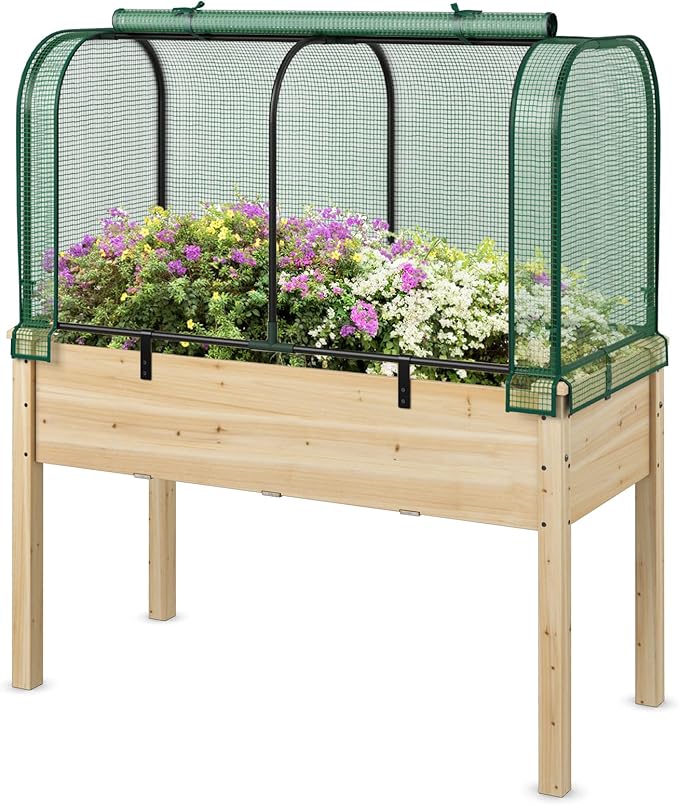 Happygrill Raised Garden Bed with Greenhouse Cover, Raised Bed with Legs & Drainage Holes for Herbs, Vegetables, Outdoor Wood Elevated Planter Box for Patio, Backyard, Balcony (Green+Natural)