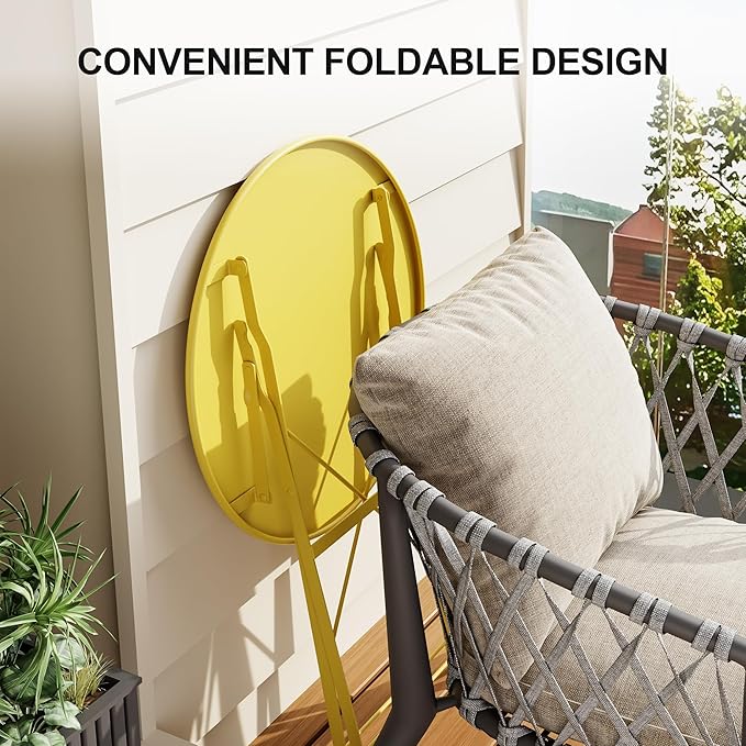 3-Piece Folding Bistro Set, Outdoor Patio Furniture Set with 2 Chairs & 1 Table, Space-Saving Foldable Balcony Garden Set with Heavy-Duty Powder-Coated Steel Frame, No Assembly Required, Yellow