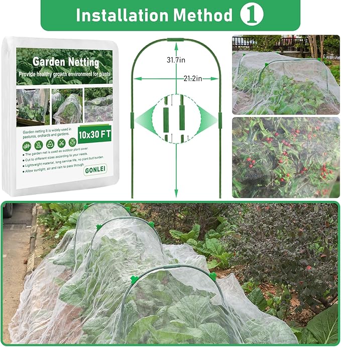 GonLei 10x30FT Garden Mesh Netting Kit Raised Beds (6 Pcs Garden Hoops & 18 Clips) Garden Hoops Plant Row Covers Netting Protection Berry Bush Trees Grass Seed Barrier Net