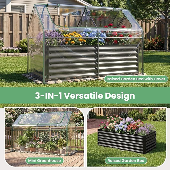 HAPPYGRILL Raised Garden Bed with Cover, Planter Boxes Outdoor w/Mini Greenhouse, 2 Roll-up Windows & Open-Ended Base, Metal Growing Raised Bed for Vegetables (Black, 71” x 36” x 48”)