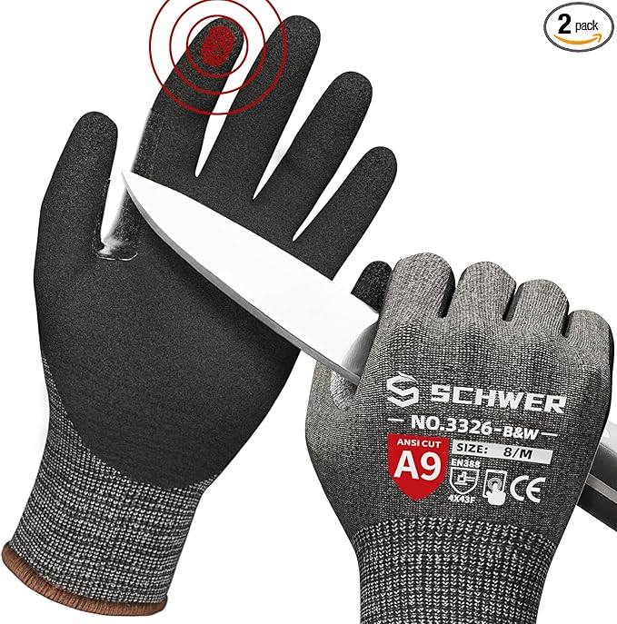 Schwer ProGuard High Level Cut Resistant Work Gloves PR3326 for Extreme Protection，ANSI A9 Cut Gloves with Reinforced Thumb, Non Slip, Durable, Touch-screen, Black 2 Pairs（M）