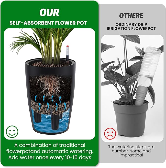 16" Tall Round Planter Set of 2, Self Watering Pots, Large Planter for Indoor Outdoor Plants, Built-in Drainage and a Water Level Monitor, for Patio, Porch, Living Room, or Home Office, Black