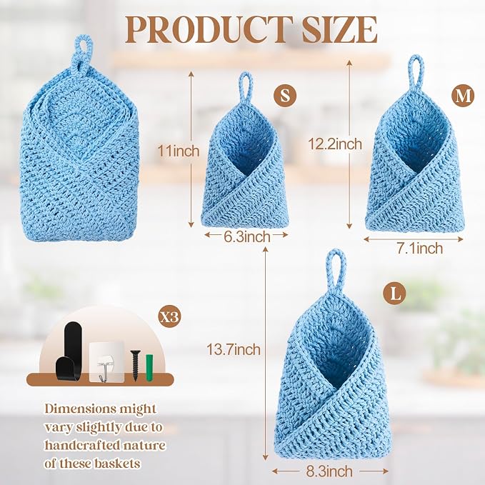 Honeydak 3 Hanging Baskets, Light Blue, Triangle, Cotton Rope | Wicker Wall Baskets with Hooks for Fruit Vegetable Onion Storage, Teardrop Organizer for Kitchen, Boho Farmhouse Decor