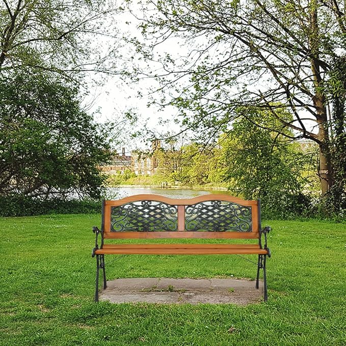 Outvita 49.5in Garden Bench, Patio Wood Love Seat with Metal Armrest Retro Style for Patio Porch Deck Yard Lawn Poolside(Classical)
