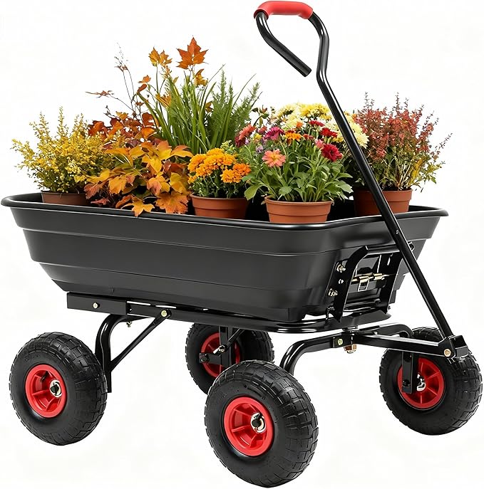 600lbs Garden Dump Cart, 4 Cu.Ft Heavy Duty Wagon Cart with 10" All Terrain Wheels, Steel Frame & Quick Release, Utility Wagon Carts for Yard, Farm and Garden(Black)